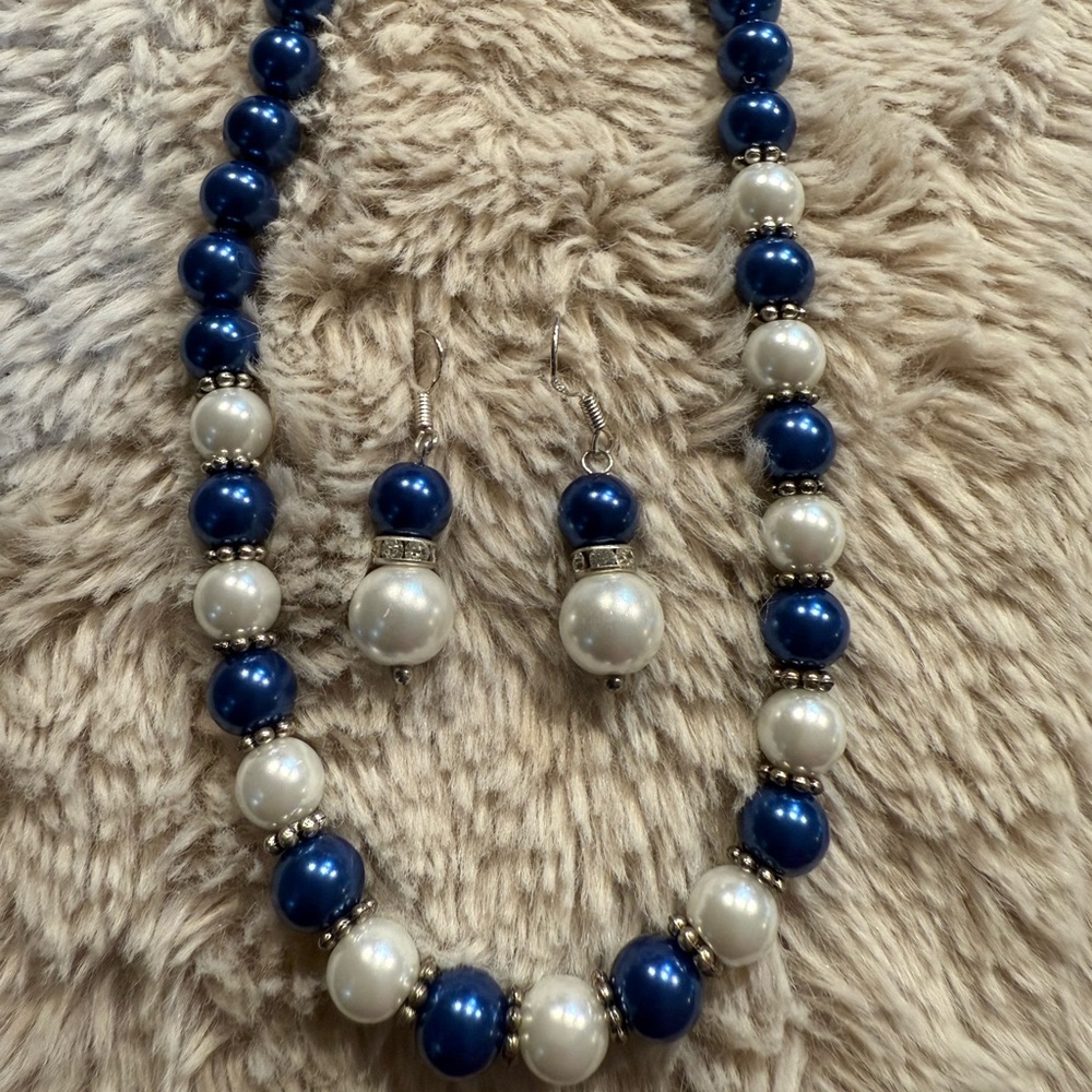 Blue And White Necklace And Earring Set Sterling Silver‎ 925
